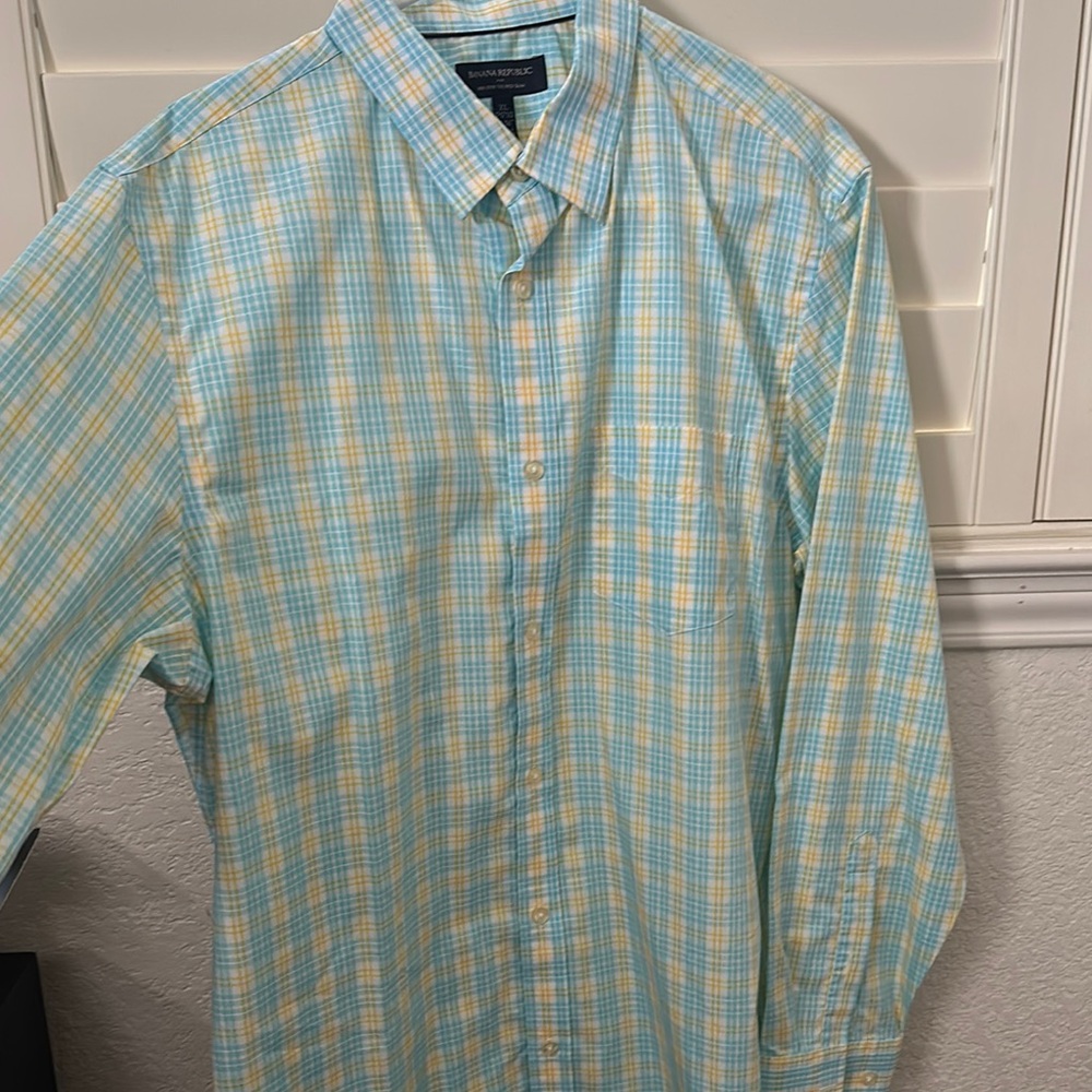 Banana Republic NonIron Tailored Slim Men's Blue and Yellow Plaid Shirt
